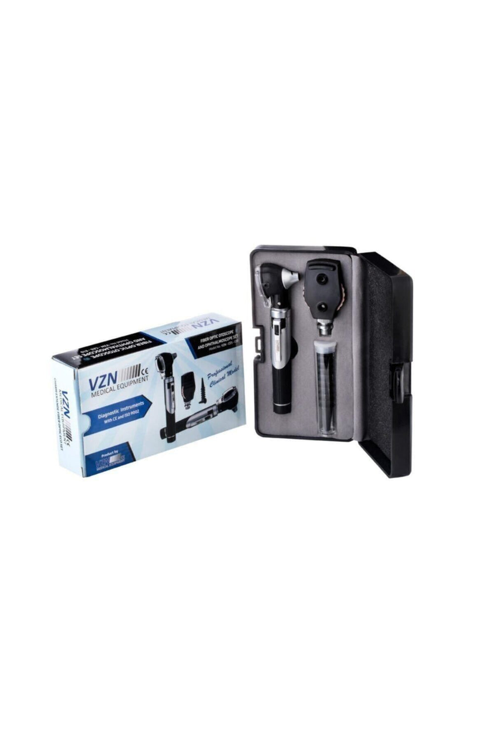 Fiber optic otoscope and ophthalmoscope set